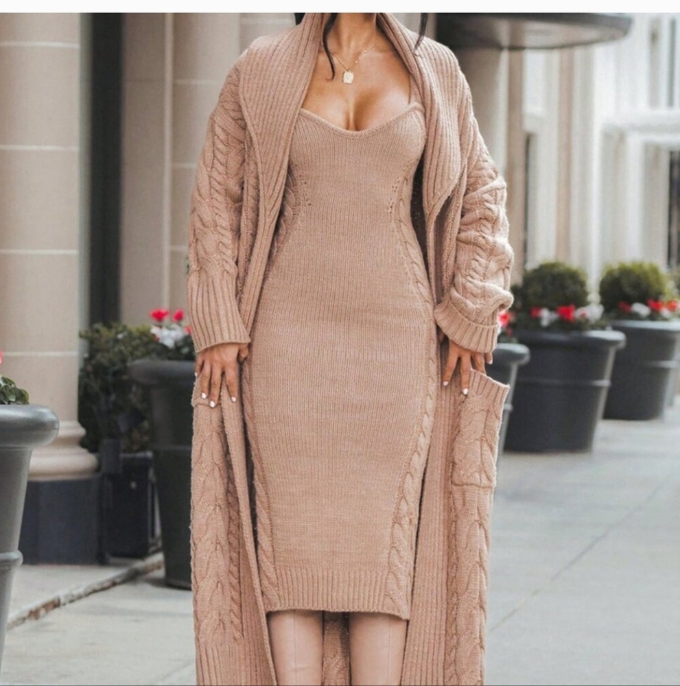 Khaki Casual Women's Sweater Midi Dress And Cardigan Set